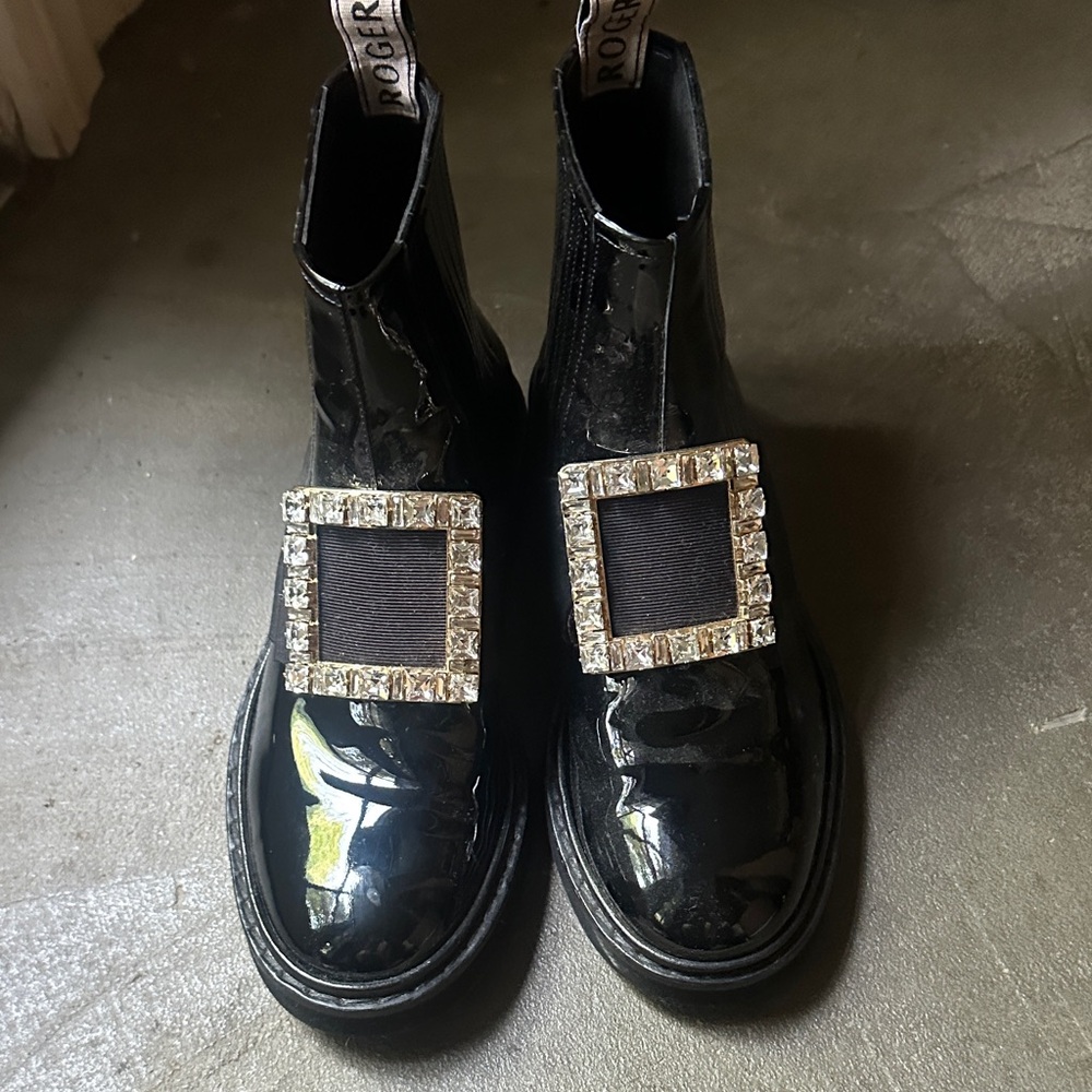 Roger Vivier Black Patent Leather Boots with Crystal Buckles